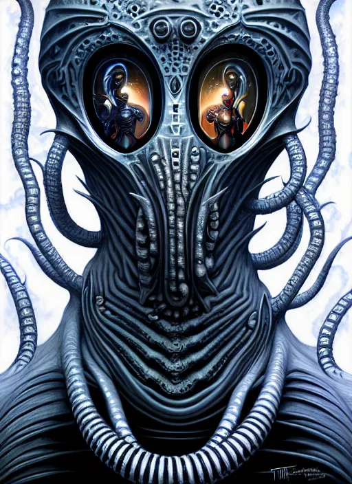 Prompt: cosmic lovecraft giger fractal random hero portrait, pixar style, by tristan eaton stanley artgerm and tom bagshaw.
