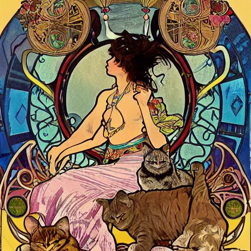 Image similar to a posters of Gypsy lady doing tarot card reading inside a gypsy caravan surrounded by cats in art nouveau from 1878, Alphonse Mucha, decorative panels, old paper, soft colors