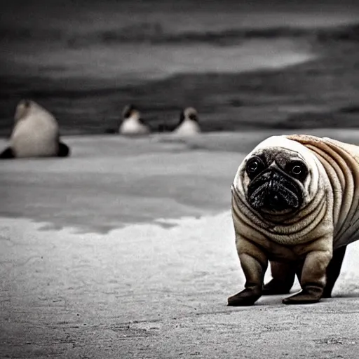 Image similar to a Walrus-Pug Hybrid, A Walrus that looks like a pug, huge tusks, afternoon hangout, good times photograph, candid