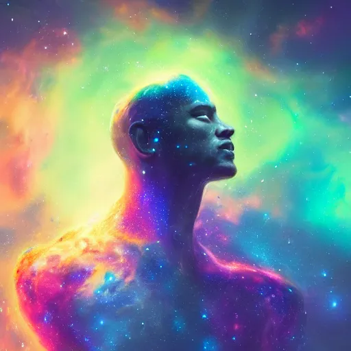 Image similar to photorealistic fantasy cosmic concept art of a cosmic god made out of nebulas and the cosmos hovering in a unknown galaxy, fully body portrait, cinematic, dynamic lighting, ultra detailed, creative, trending on art station, creative