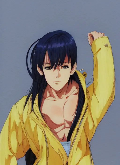 Image similar to Frontal portrait of a very beautiful muscular anime girl with tanned skin and cream colored hair wearing a yellow raincoat, watercolor, digital painting, art by Kenichi Sonoda ((Moebius)) Makoto Shinkai ((Shirow Masamune)) and Katsuhiro Otomo, very detailed, sharp focus, cyberpunk, high quality, color manga panel, hard shadows