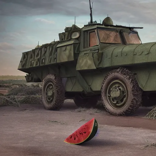 Prompt: Very very very very highly detailed Watermelon - military vehicle with epic weapons, on a battlefield in russian city as background. Less Watermelon a lot more military vehicle, Photorealistic Concept 3D digital art in style of Caspar David Friedrich, super rendered in Octane Render, epic dimensional light