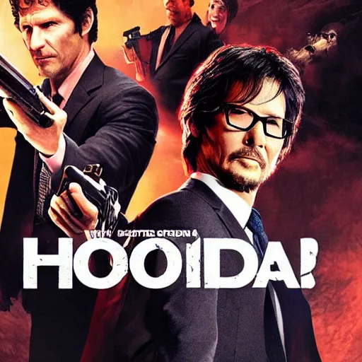 Prompt: Movie poster with Todd Howard and Hideo Kojima wearing suits and pointing guns, movie poster, action, suits, by Drew Struzan