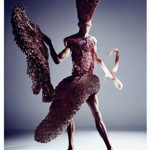 Image similar to a beautiful male dancer wearing iris van herpen couture, photographed by erwin olaf for vogue