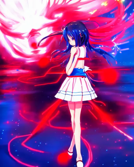 Prompt: anime style, vivid, expressive, full body, 4 k, painting, a cute magical girl idol with a long wavy hair wearing a dress fighting monsters, blue and red, balance, correct proportions, stunning, realistic light and shadow effects, neon lights, studio ghibly makoto shinkai yuji yamaguchi