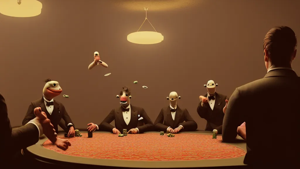 Prompt: hyperrealism simulation highly detailed human turtles'wearing detailed tuxedos and smoking, playing poker in surreal scene from art house movie from future by wes anderson and denis villeneuve and mike winkelmann rendered in blender and octane render