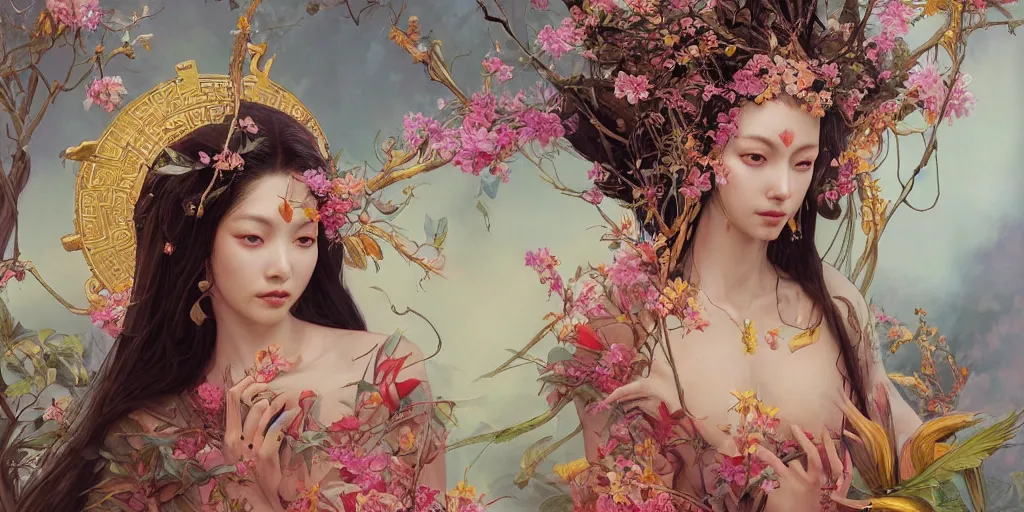 Image similar to breathtaking detailed concept art painting of the goddess of exotic bird, orthodox saint, with anxious, piercing eyes, ornate background, amalgamation of leaves and flowers, by hsiao - ron cheng and john james audubon and miho hirano, extremely moody lighting, 8 k