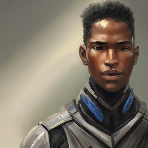 Image similar to portrait of a man by greg rutkowski, he is about 2 0 years old, mixture between afroamerican and japanese, afro hair, young, very tall and slender, he is wearing a futuristic police gear, highly detailed portrait, digital painting, artstation, concept art, smooth, sharp foccus ilustration, artstation hq