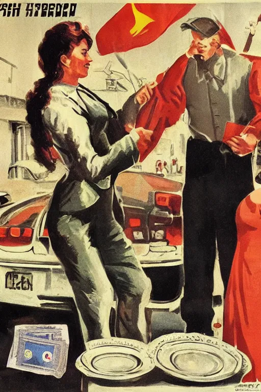 Prompt: a weight with a businesswoman on the left plate and cash on the right plate. poster illustration, soviet realist poster art