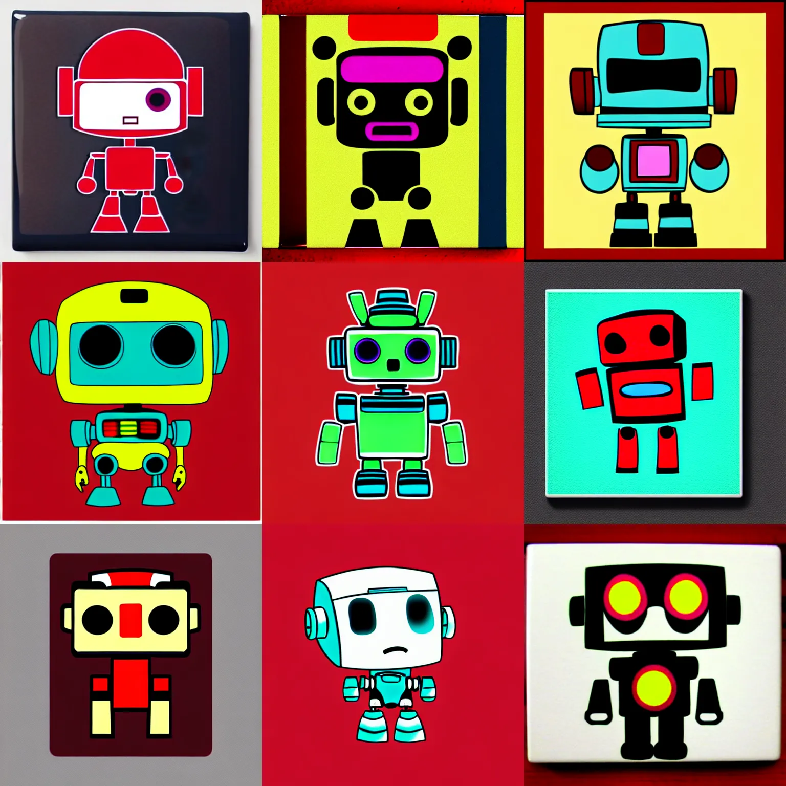 Prompt: Chibi Cute Robot as a colorful fancy drawing on a Grimdark square macabre tile, red and chrome palette