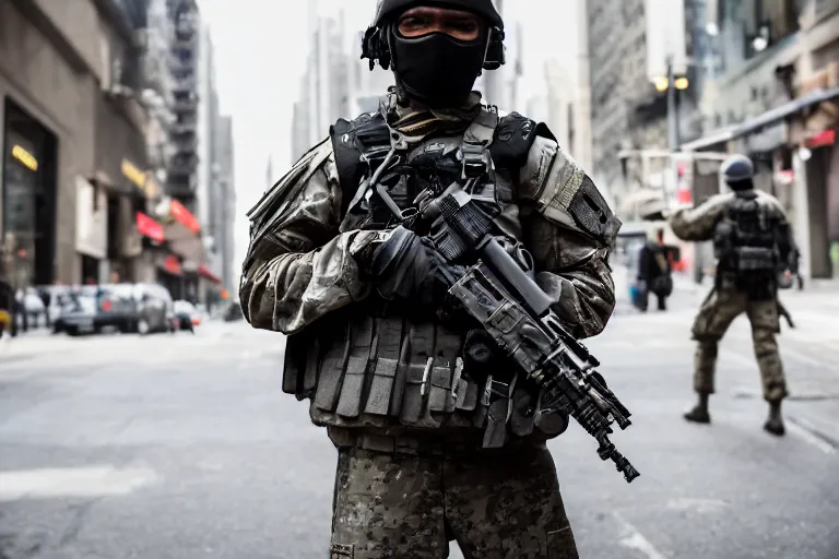 Image similar to Mercenary Special Forces soldiers in grey uniforms with black armored vest and helmets in urban warfare in New York 2022, Canon EOS R3, f/1.4, ISO 200, 1/160s, 8K, RAW, unedited, symmetrical balance, in-frame, combat photography