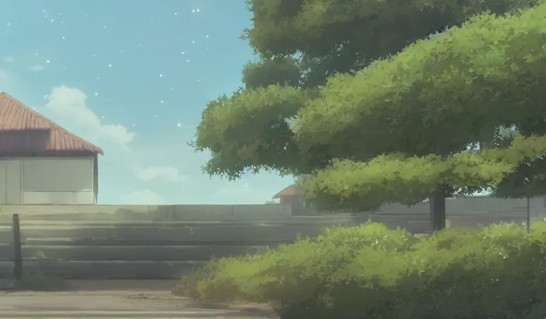 Image similar to A serene landscape with a singular building in the style of Makoto Shinkai.