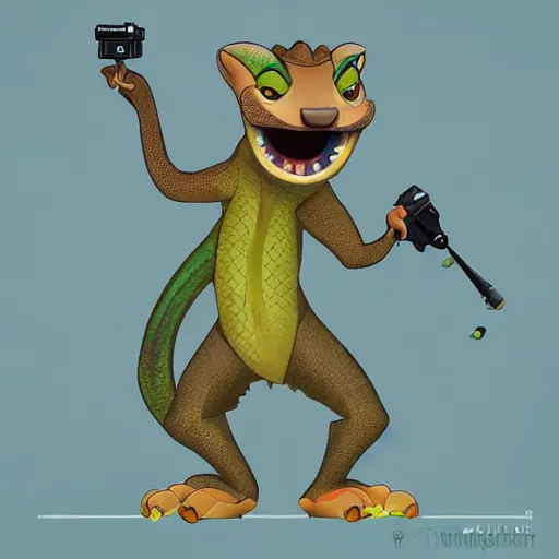 Image similar to “ komodo dragon in the style of zootopia holding laser gun, floating alone, with a black background, digital art, award winning, trending on art station, retro style ”