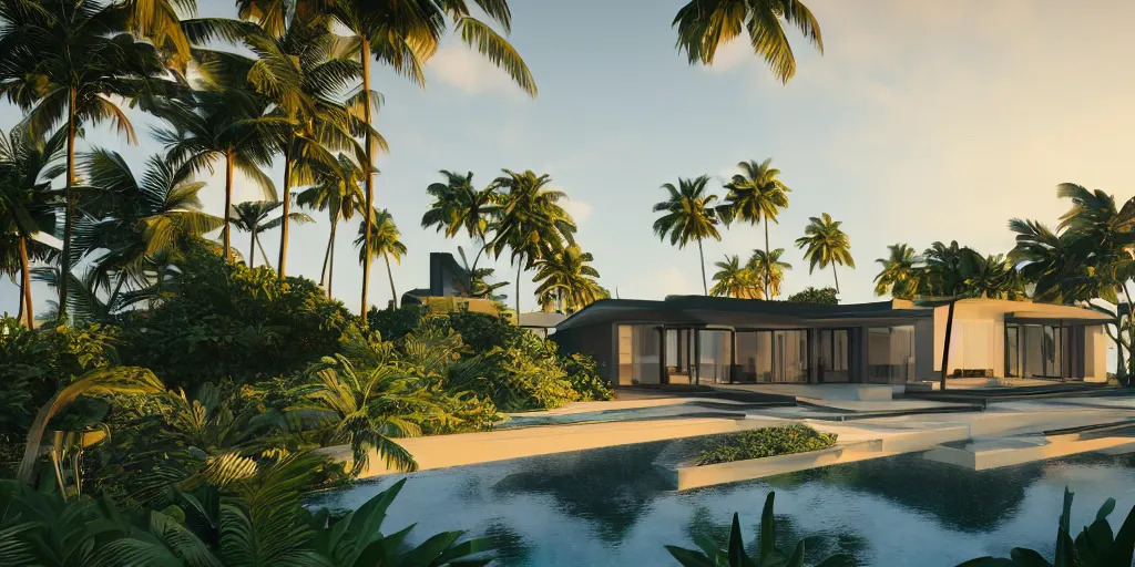 Image similar to modern house in a tropical setting, a view of the beach, coconut trees, sunset, photorealism, beautiful, cinematic dramatic atmosphere, volumetric cinematic perfect light, detailed octane render trending on artstation, 8 k, by chris hytha and jag studio