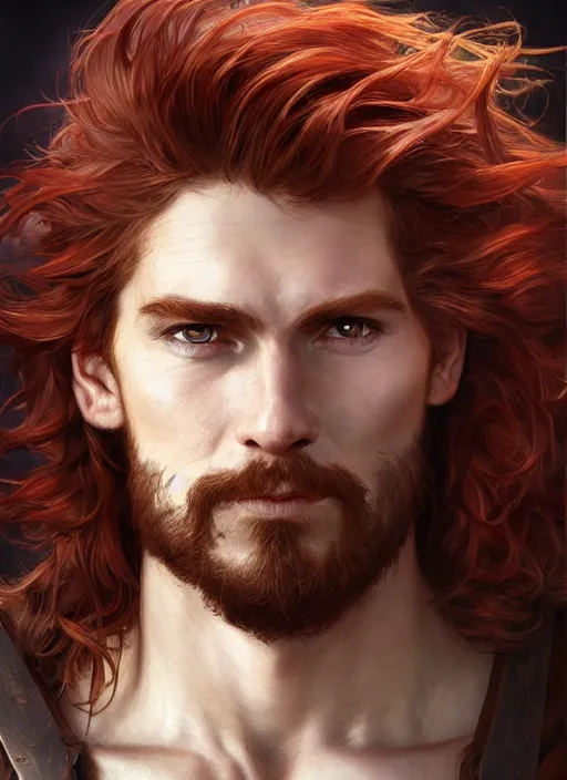 Image similar to portrait of a young ruggedly handsome but joyful pirate, male, masculine, upper body, red hair, long hair, d & d, fantasy, piercing eyes, intricate, elegant, highly detailed, digital painting, artstation, concept art, matte, sharp focus, illustration, art by artgerm and greg rutkowski and alphonse mucha