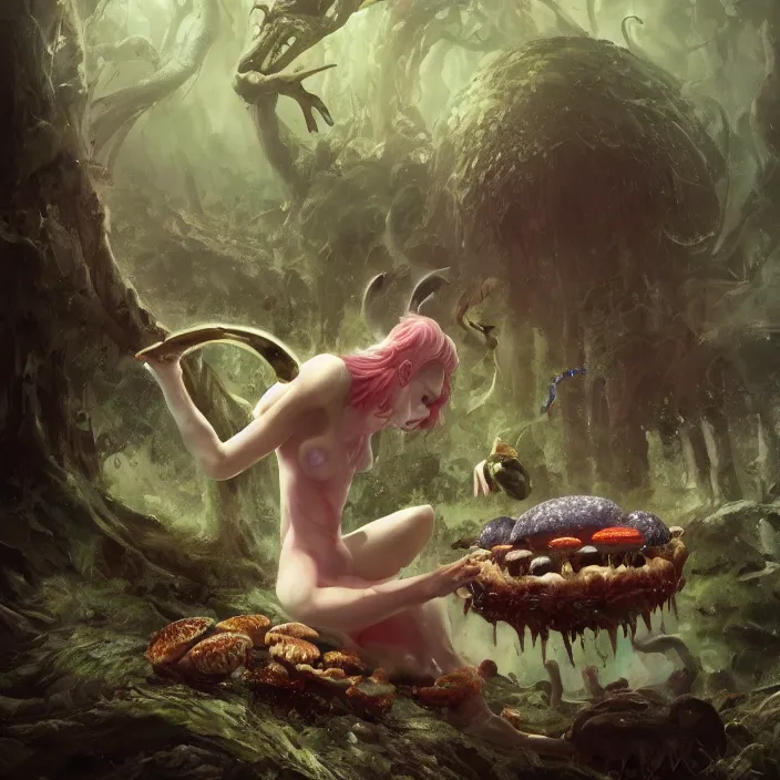 Image similar to Carnivore godlike fairy eating a frog alive , giant mushrooms , psychedel tint , Junji Ito and Greg rutkowski