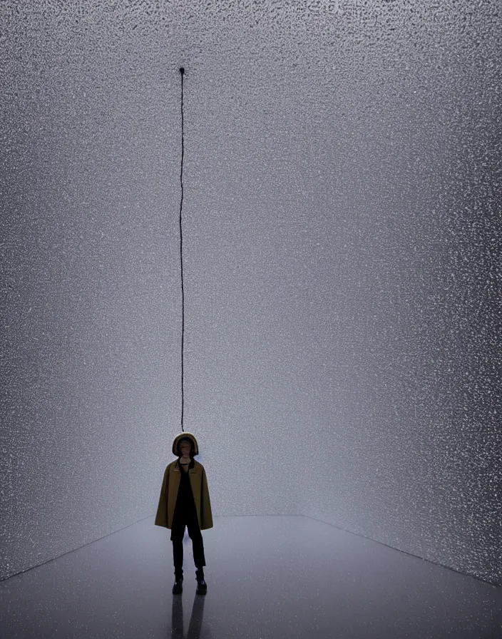 Prompt: close - up portrait of an empty slick fashionable zara raincoat floating suspended mid - air on a glittering wet rainy display designed by olafur eliason, james turrell, shot by wes anderson, lily frank, symmetry, rule of thirds