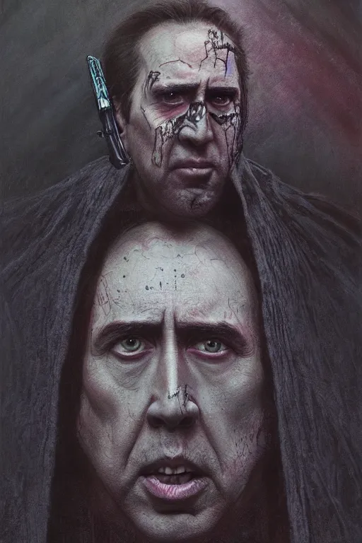 Image similar to Nicholas Cage Sith Lord, star wars, dark fantasy, intricate, highly detailed, smooth, artstation, painted by Wayne Barlowe, Greg Rutkowski, zdislav beksinski, Francis Bacon