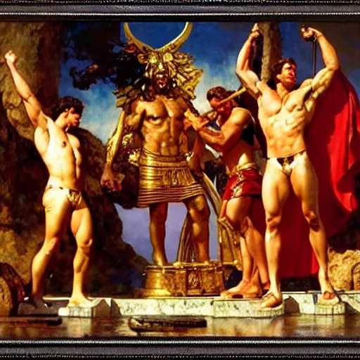 Image similar to ares and hercules dab in front of zeus the ruler of olympus, heavenly marble, ambrosia served on golden platters, painting by gaston bussiere, craig mullins, j. c. leyendecker, tom of finland