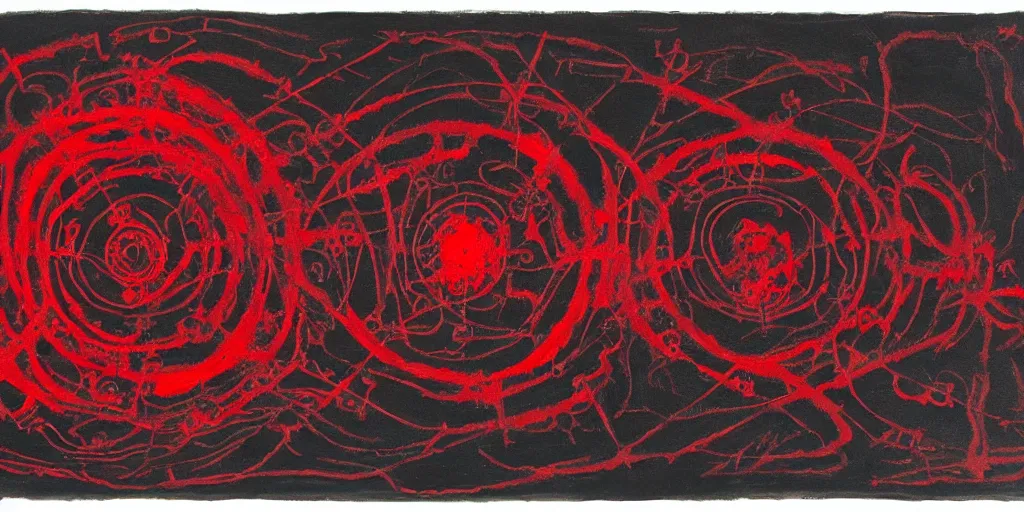 Image similar to a black and red crimson biomechanical talisman of eternal knowledge, aurora borealis, eclipse by maggi mcdonald, jackson pollock, mark rothko, sabina klein