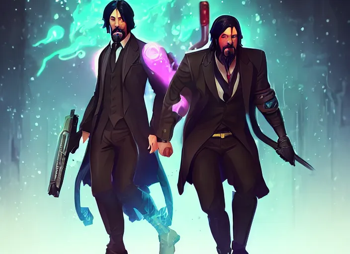 Image similar to john wick as league of legends character splash art, artstation, trending, digital painting