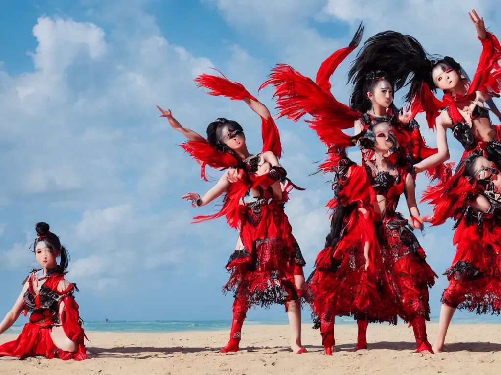 Prompt: babymetal 3 beautiful members performing on a tropical beach, beautiful scenery, highly detail face, dynamic pose, High Definition detail, 8K, photography