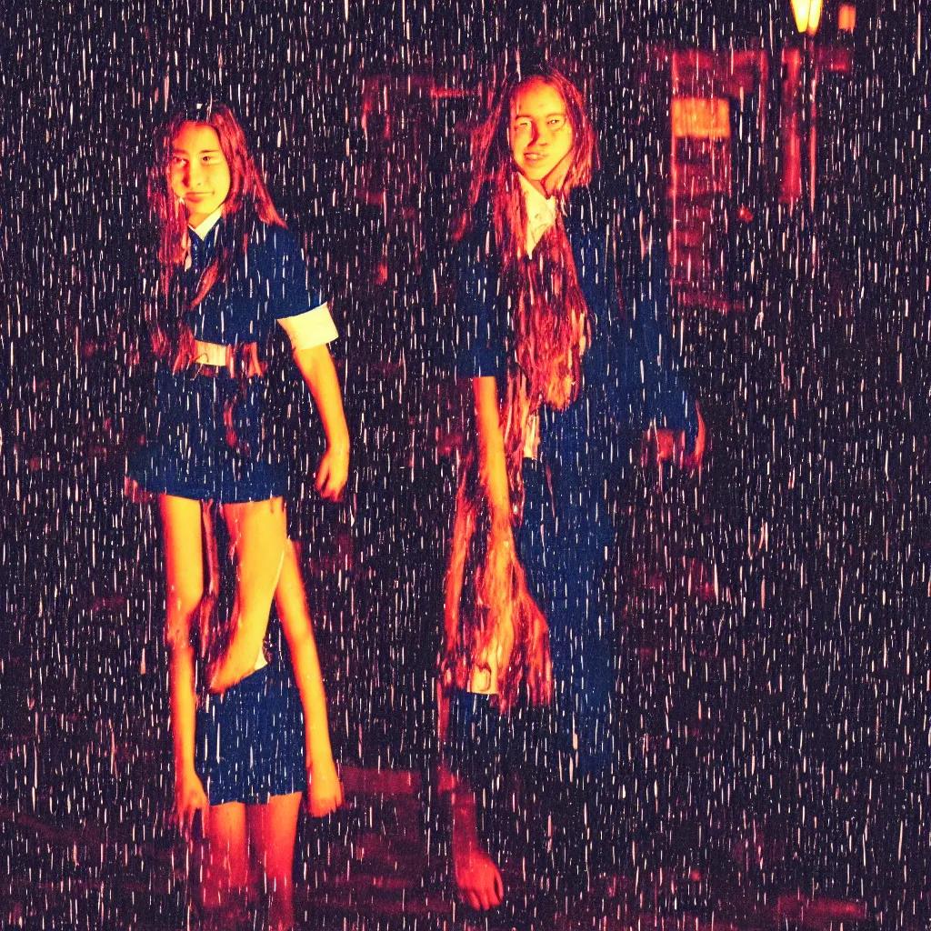 Image similar to night flash portrait photography of a high school girl in uniform on the lower east side by annie leibovitz, colorful, nighttime!, raining!