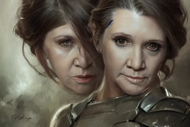 Image similar to a finely detailed portrait of Carrie Fisher, clothed in battle armor, olive skin, long dark hair, beautiful bone structure, symmetrical facial features, intricate, elegant, digital painting, trending on Artstation, concept art, smooth, sharp focus, illustration, from Metal Gear by Ruan Jia and Mandy Jurgens and Artgerm and Greg Rutkowski, award winning