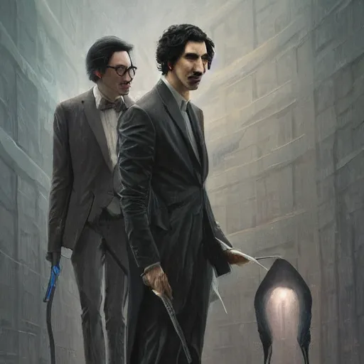 Image similar to painting of both john oliver and adam driver together, john oliver in front, full body, elegant, beautiful, highly detailed, centered, dark, smokey, digital painting, concept art, smooth, sharp focus, illustration, deviant art, art by greg rutkowski, karol bak and peter mohrbacher