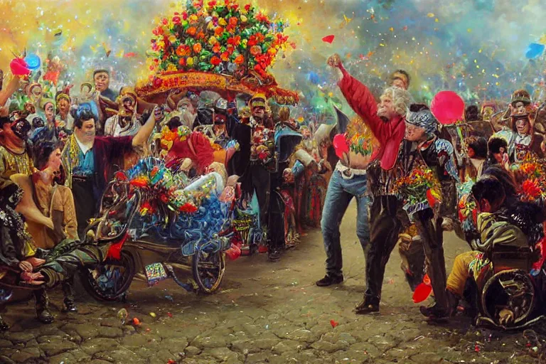 Image similar to portrait of rip taylor throwing confetti during a mexican funeral parade, an oil painting by ross tran and thomas kincade