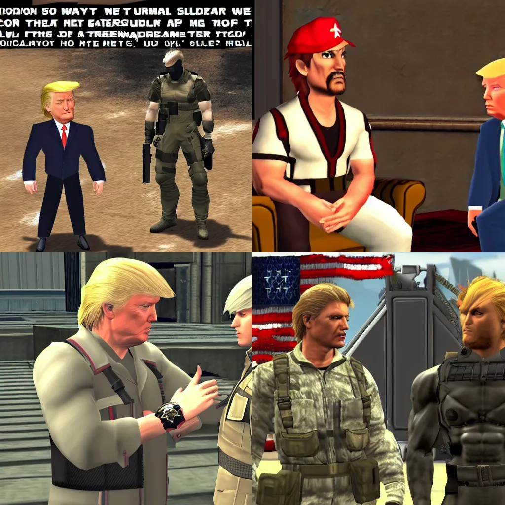 Prompt: ps2 game screenshot, Donald trump talking to solid snake, metal gear solid