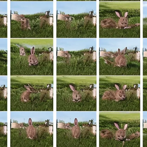 Image similar to a video of a rabbit jumping up over a fence, shown as a film strip showing 9 stills in a grid