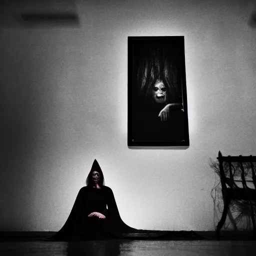 Image similar to creepy witch sitting in dark living room, horror movie still, realistic, found footage, atmospheric, evil, nightmare, film grain