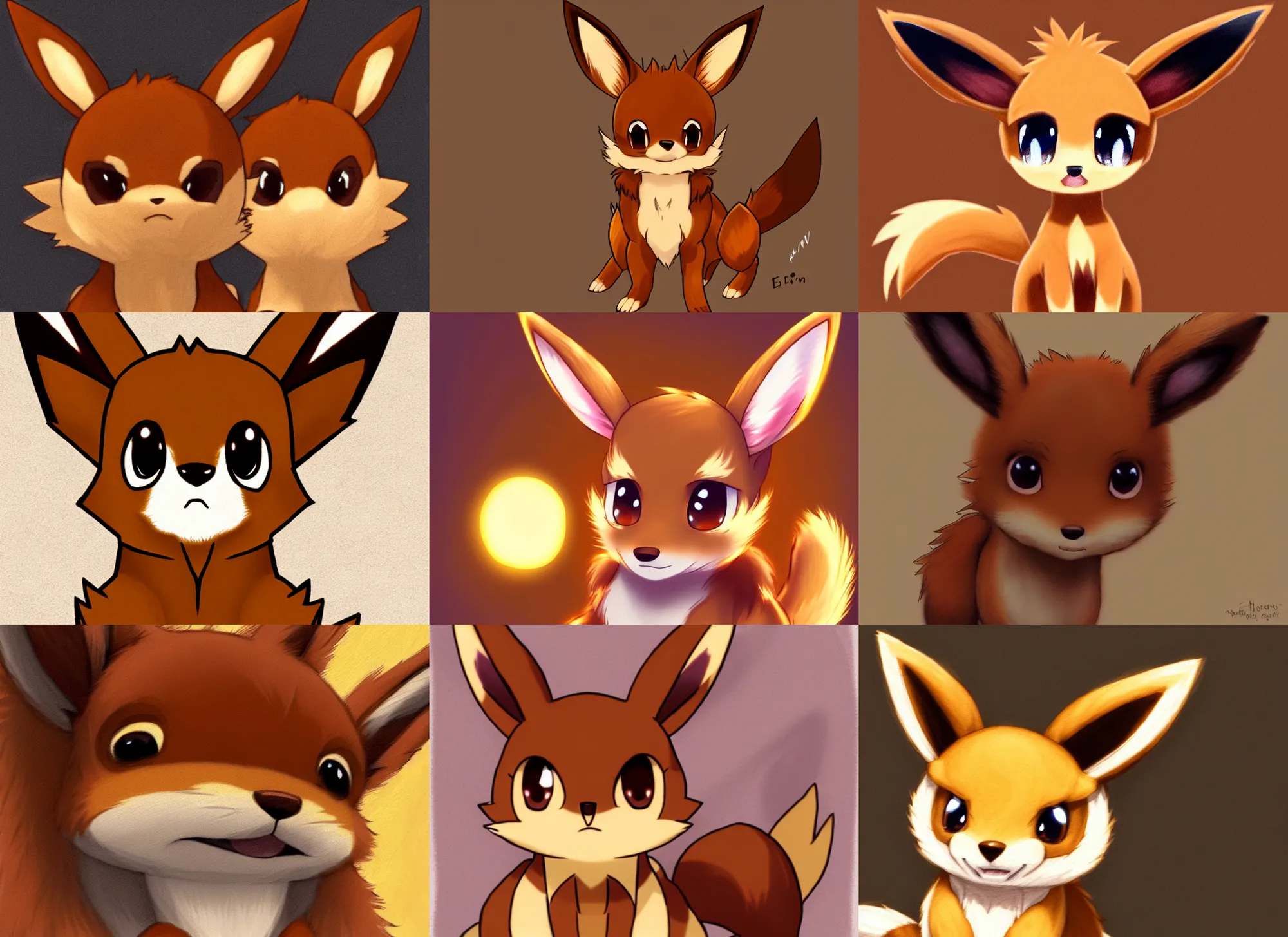Prompt: portrait of a tiny light brown Eevee-fox hybrid, Pokemon, Eevee, brown fur, cute, detailed fur, furaffinity, fanart