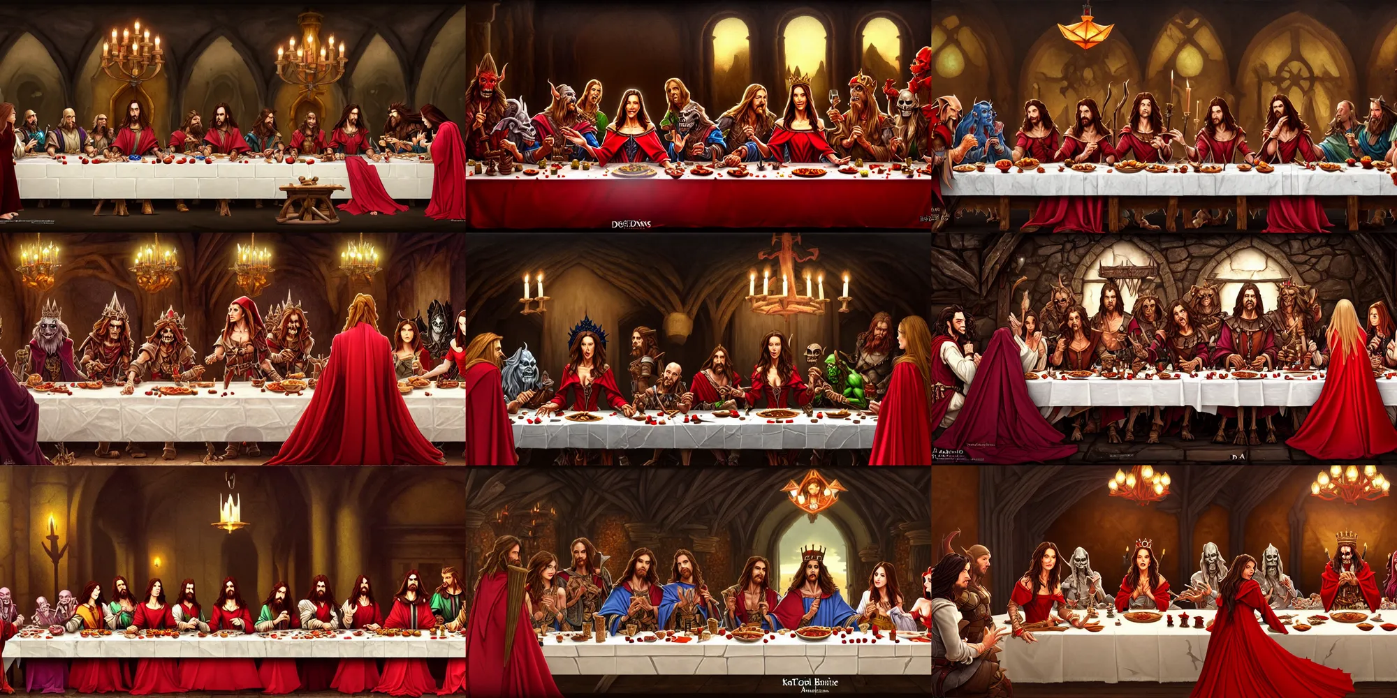 Prompt: still dnd last supper, kate beckinsale stand as queen in red dress at center, goblin, mage, skeleton, orc, troll, golem, 8 k, deep focus, d & d, fantasy, intricate, elegant, highly detailed, digital painting, artstation, concept art, matte, sharp focus, illustration, hearthstone, art by alphonse mucha