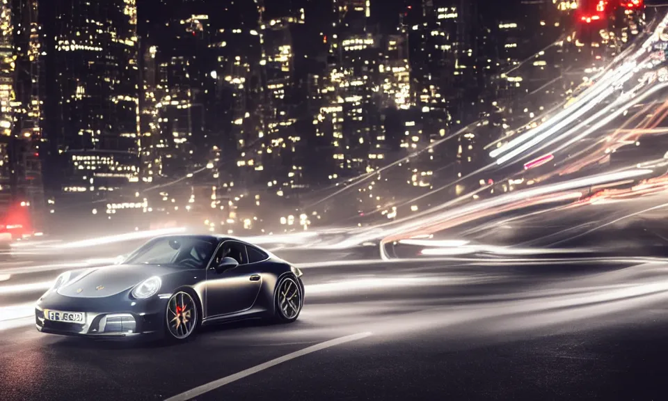 Image similar to photo of a porsche 911 at night drifting through a city, cinematic, 4k, long exposure photography, tokyo drift, fast and furious, film still, night photography, motion blur, lens flare, movie shot, light trail, distortion, wide angle