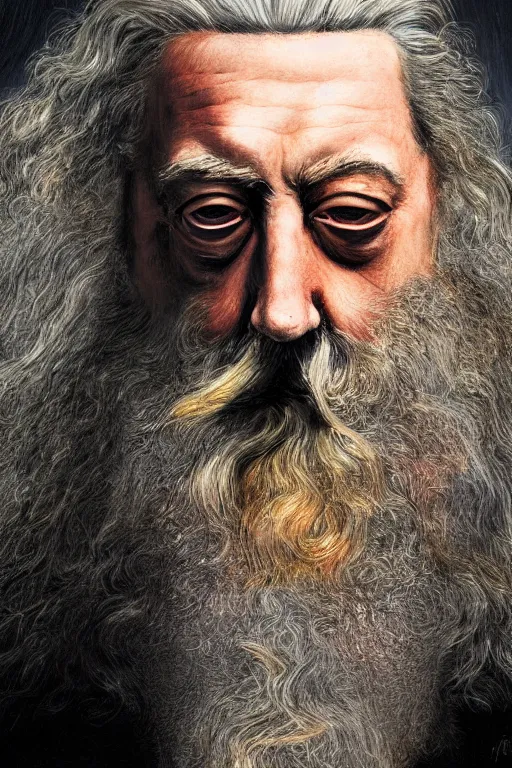 Prompt: a close-up portrait of Alan Moore, dramatic backlighting, golden hour, autochrome, high contrast, highly detailed, sharp focus, digital painting, concept art, illustration, rock, chiaroscuro, trending on artstation, art by lou romano, dice tsutsumi, Steven Stahlberg