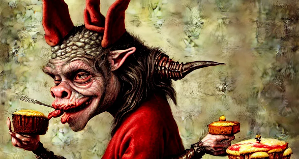 Image similar to closeup profile portrait of a medieval goblin eating cakes in the castle kitchen, nicoletta ceccoli, mark ryden, lostfish, max fleischer, hyper realistic, artstation, illustration, digital paint, matte paint, vivid colors, bright, cheerful, detailed and intricate environment