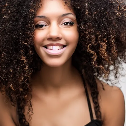 Prompt: a beautiful portrait photo of a young woman with flowing black curly hair