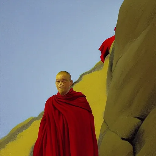 Image similar to sienna portrait of the astute monk crimson robe climbing the treacherous mountain stairway to the monastery jamie wyeth james gilleard edward hopper greg rutkowski acrylic painting