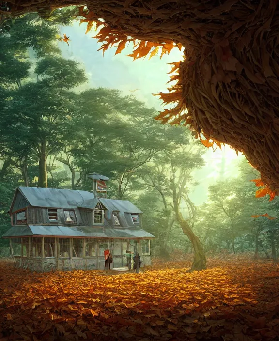 Prompt: a large schoolhouse made from leaves, overgrown with huge exotic fungus, deep in the woods, noon, sun drenched, partly cloudy, by dan mumford, yusuke murata, makoto shinkai, ross tran, cinematic, unreal engine, cel shaded, featured on artstation, pixiv