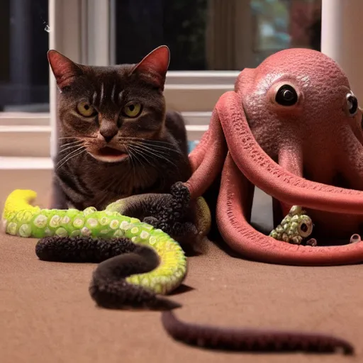 Image similar to an octopus and a cat sitting together, professional photography