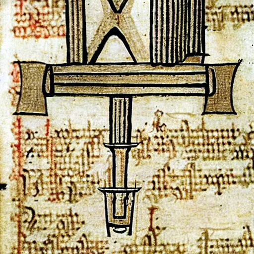 Image similar to bad drawedmix between a turborreactor and a rocket in a medieval manuscript, medieval manuscript, golden miniatures