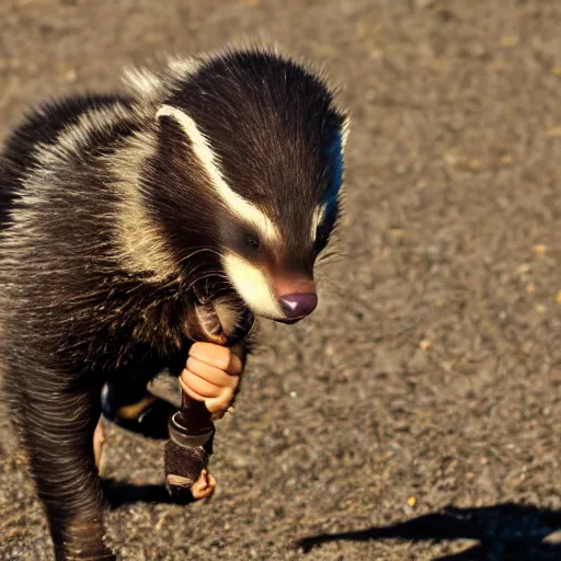 Prompt: honey badger flipping off the camera