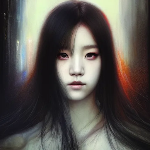 Image similar to jisoo of blackpink, hyperrealistic portrait, bladerunner street, by karol bak and agnes cecile, fantasy art, photo realistic, dynamic lighting, artstation, poster, volumetric lighting, very detailed face, intricate complexity, rule of thirds, 8 k, award winning