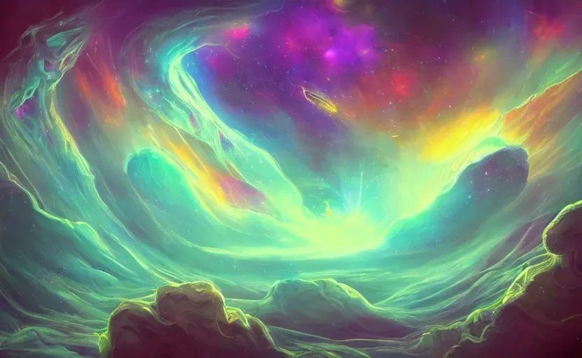 Prompt: In my dream, I was floating through a nebula of swirling colors. I could see strange, otherworldly creatures swimming through the mist, their eyes glowing with an inner light. It was a beautiful and eerie sight, and I felt both fascinated and terrified at the same time. trending on artstation