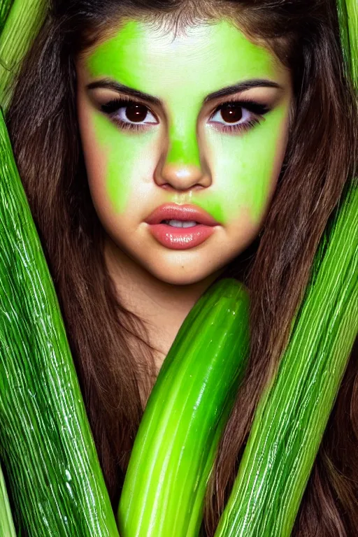 Prompt: close up headshot of selena gomez made out of celery, a human face with celery for hair, a bunch of celery sitting on a cutting board, professional food photography, selena gomez wearing green face paint