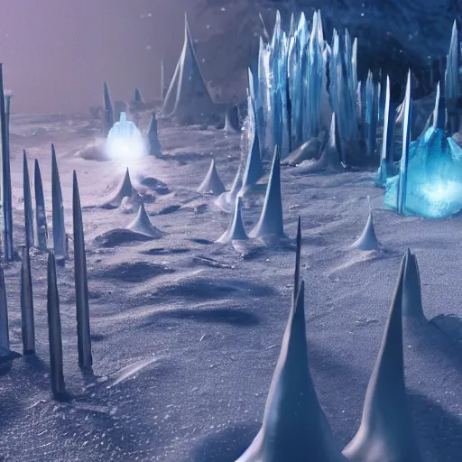 Image similar to ice spikes are summoned from the ground by magic, knights are impaled by ice spikes, octane render, unreal engine