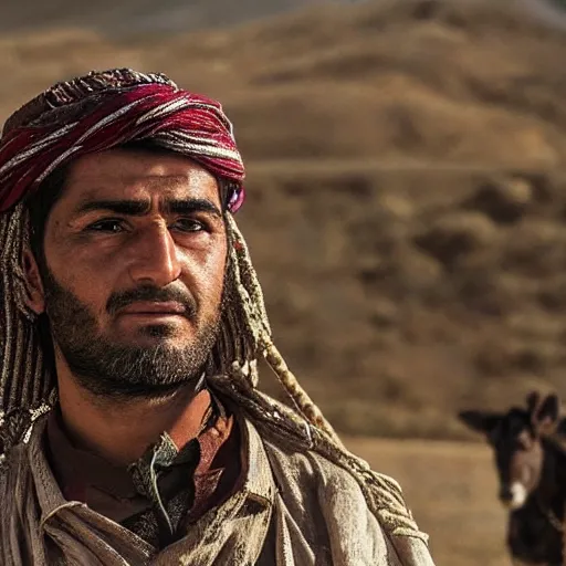 Image similar to Close up of a Kurdish shepherd wearing Kurdish clothes in a movie directed by Christopher Nolan, movie still frame, promotional image, imax 70 mm footage