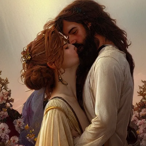 Image similar to jesus kissing a maria maddalena, intricate, elegant, highly detailed, digital painting, artstation, concept art, matte, sharp focus, illustration, art by artgerm and greg rutkowski and alphonse mucha